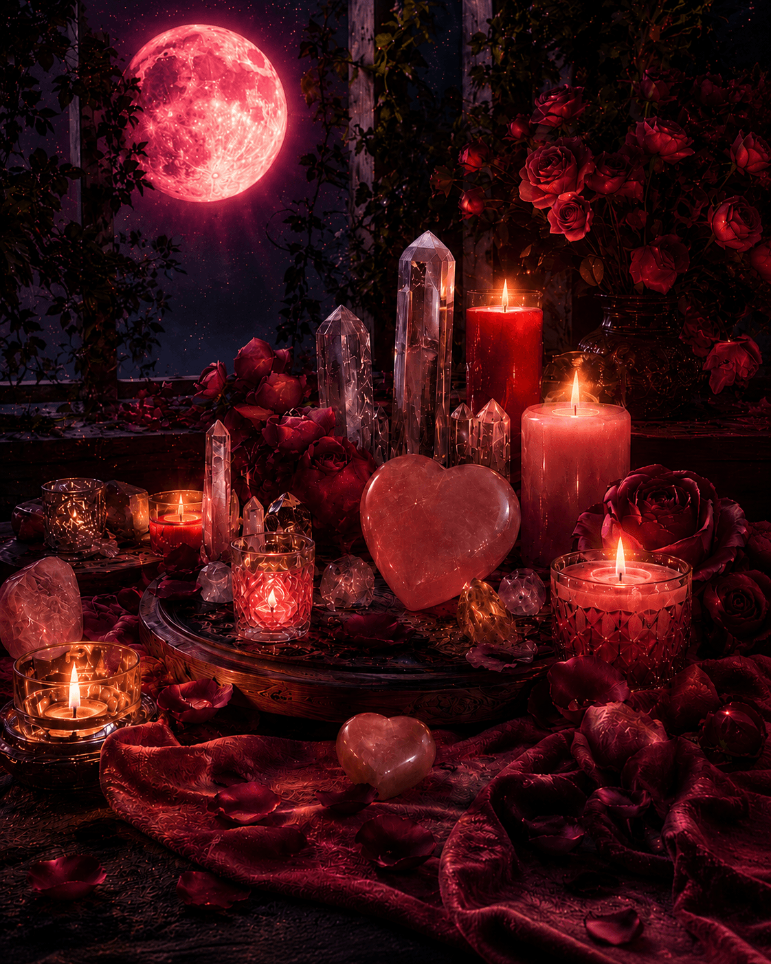 A rose and crystal altar glowing under a red moon.