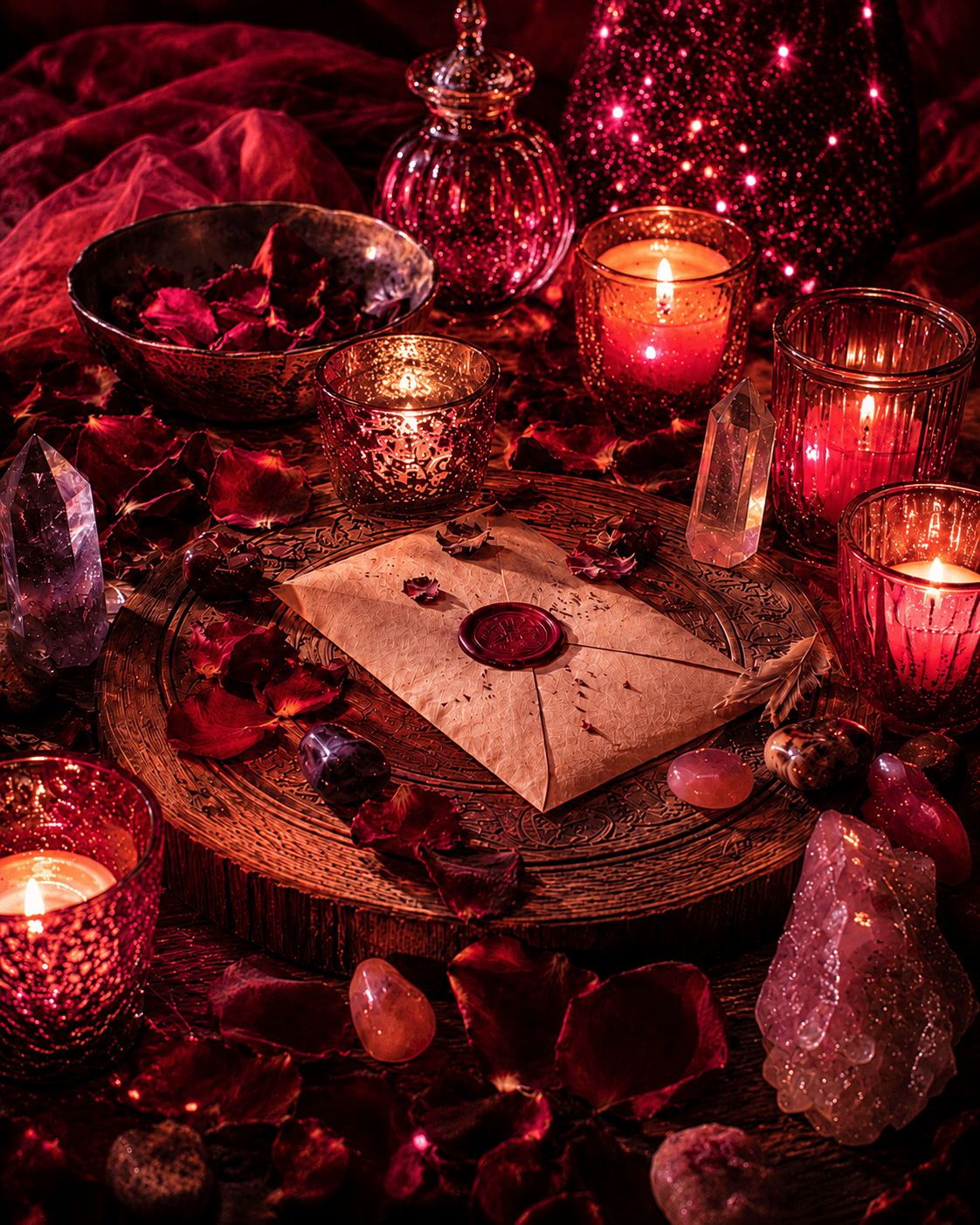 A red candle ritual altar with rose petals, crystals, and a sealed envelope.