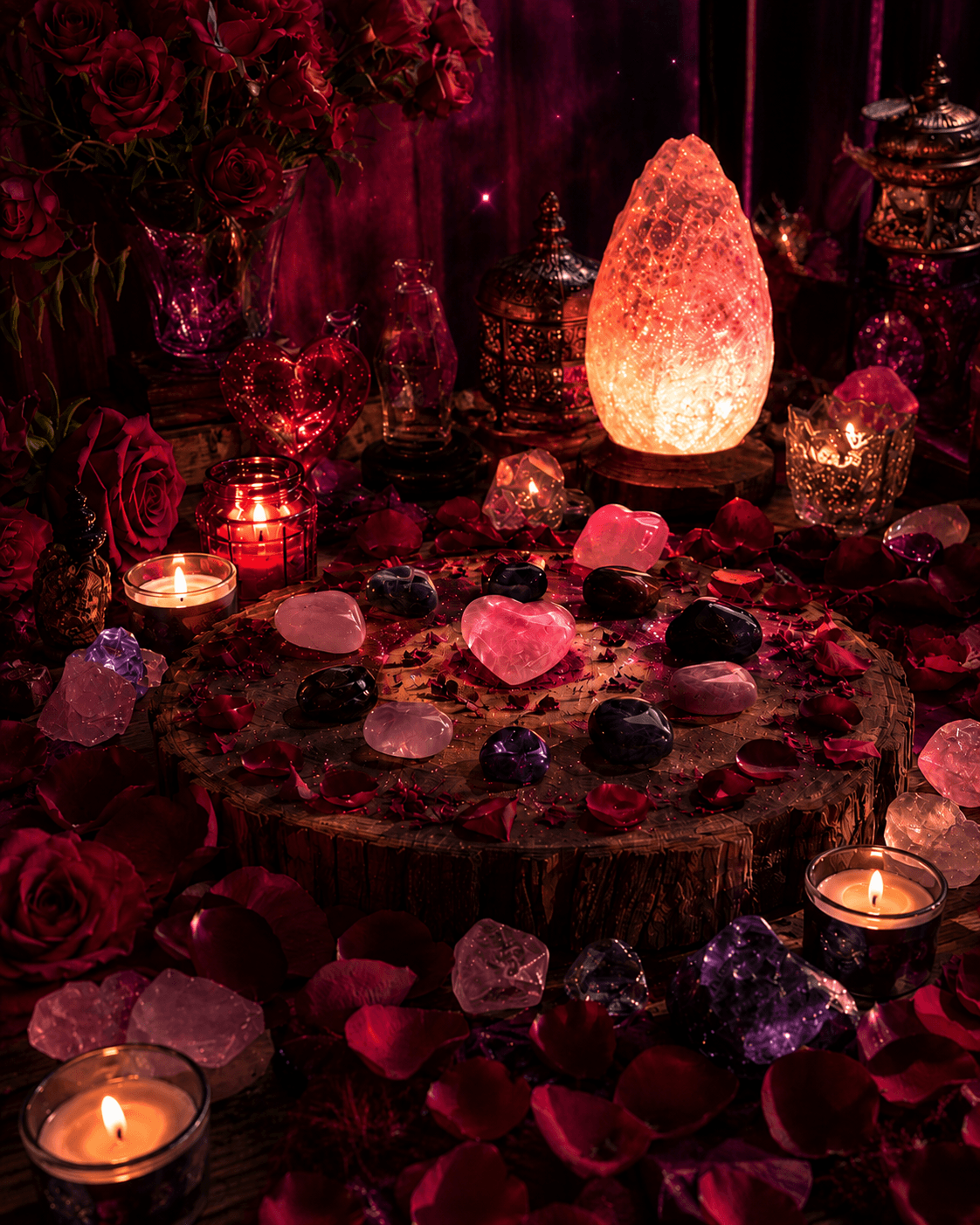 A rose quartz altar surrounded by candles, petals, and warm red light.